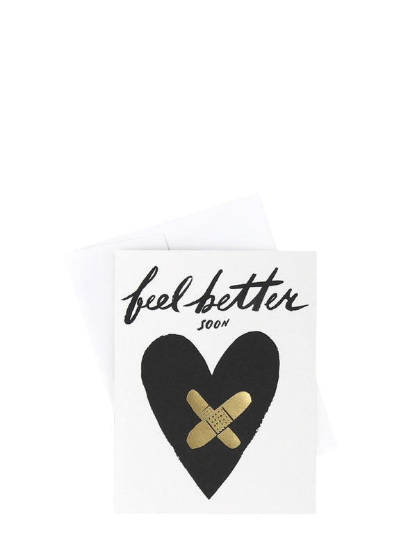 Card with a black heart with a bandage and 'feel better soon' text on a white background