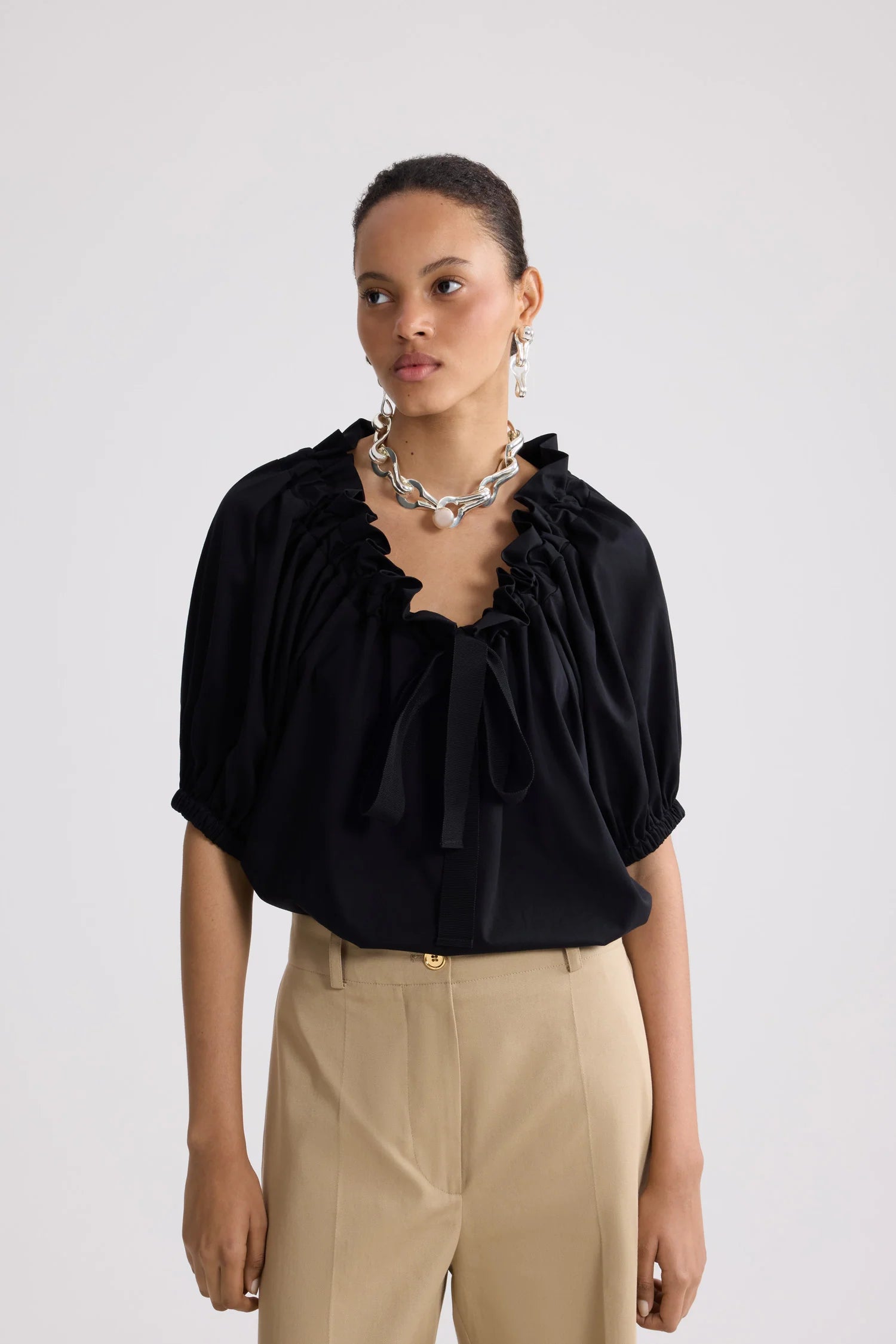 Drawstring volume jersey top, black