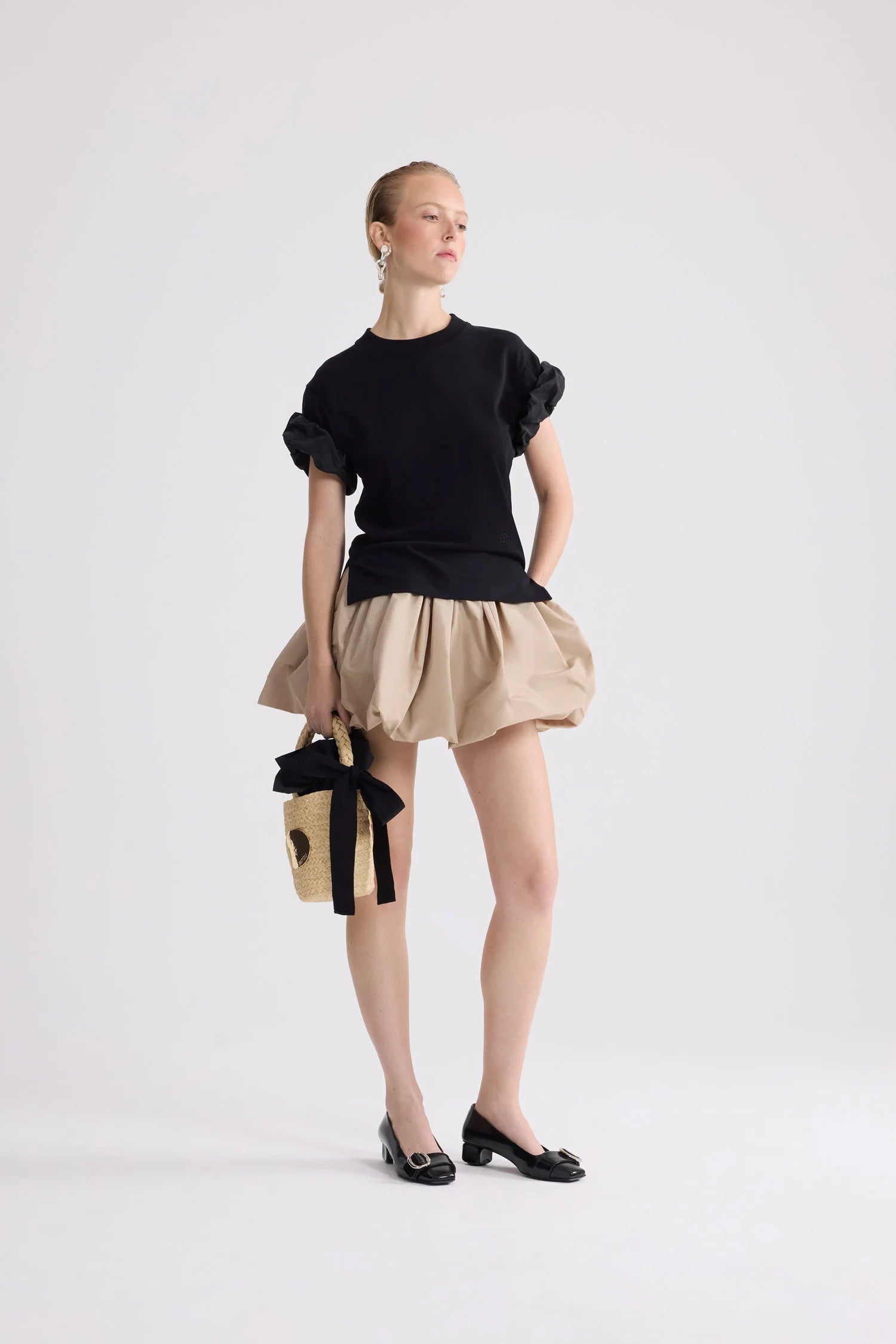 Organic cotton T-shirt with faille sleeve, black