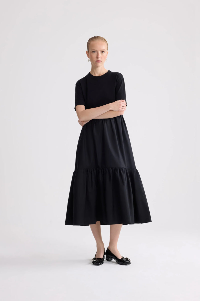 Organic cotton poplin volume midi dress, black