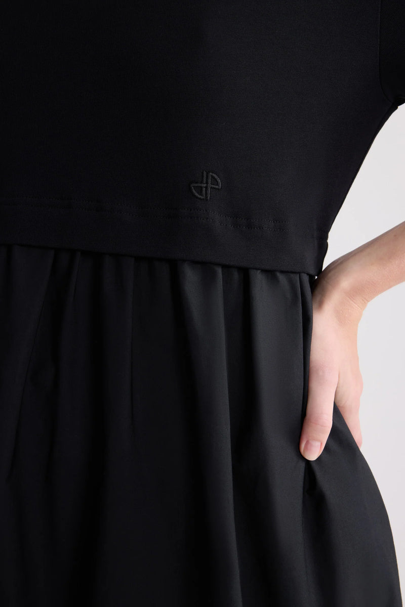 Organic cotton poplin volume midi dress, black
