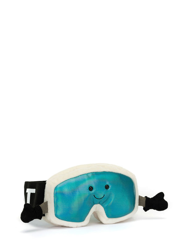 Plush toy resembling goggles with a smiling face on a white background