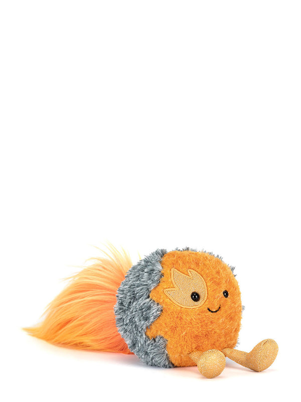 Plush toy resembling a comet with orange fur and gray mane on a white background