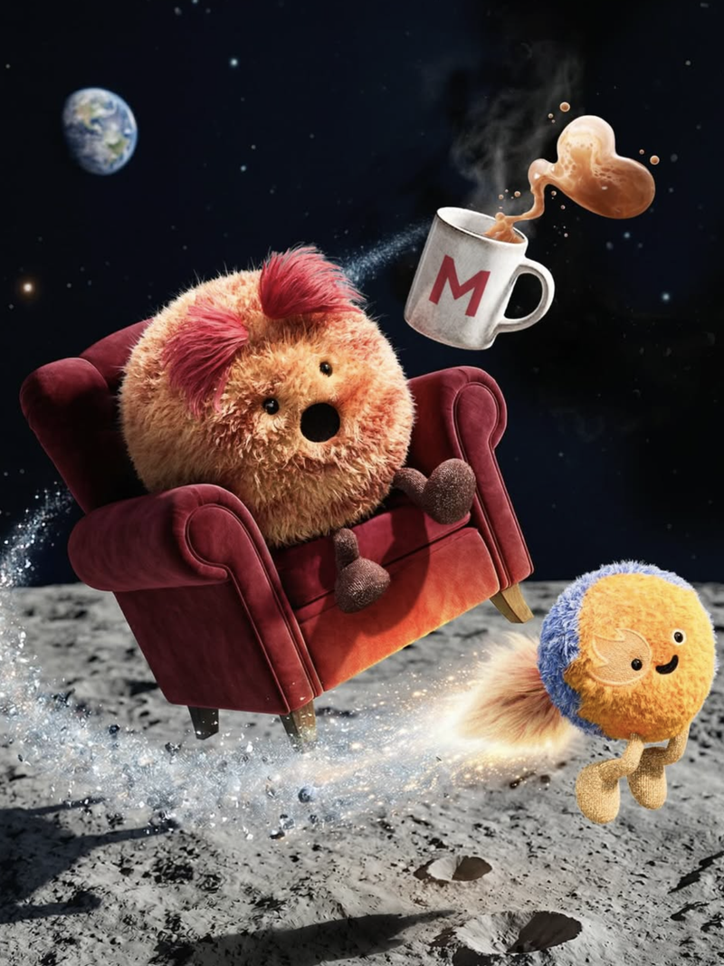 Plush characters on a moon surface 