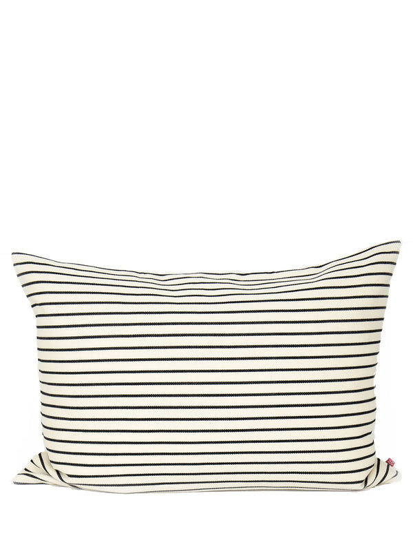 A rectangular cushion cover with a striped pattern in shades of ivory and black.
