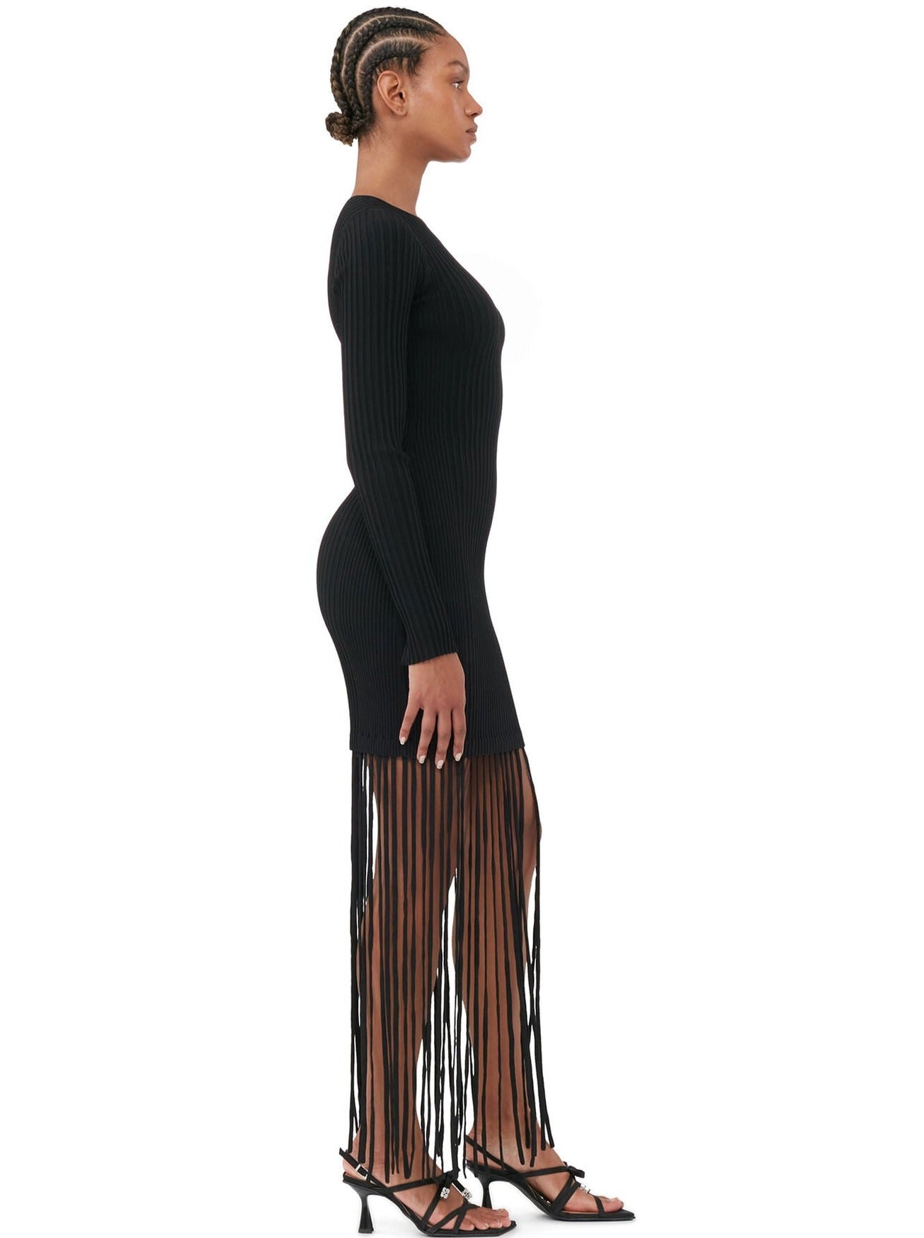 Melange Knit Fringe Mini Dress, black