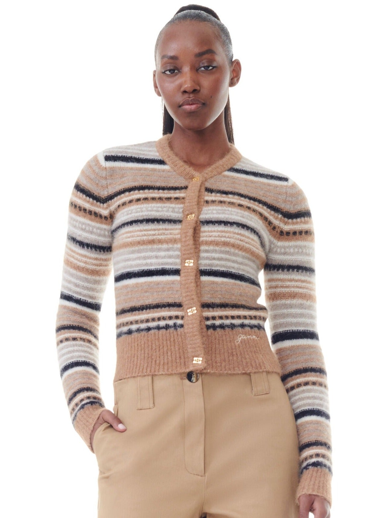 Soft Wool Stripe Cardigan, brown