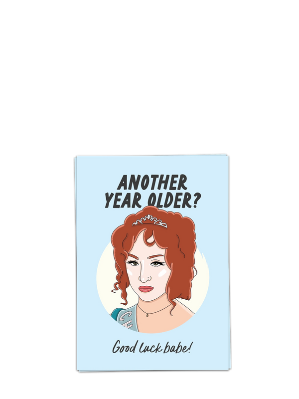 Greeting card with illustration of a woman and humorous text on a light blue background