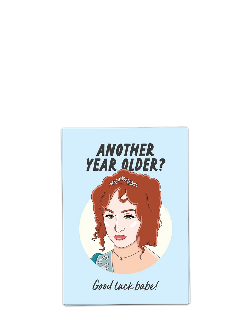 Greeting card with illustration of a woman and humorous text on a light blue background