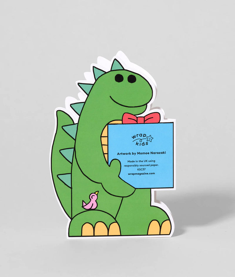 Green dinosaur-shaped card with a blue card inside, on a light gray background