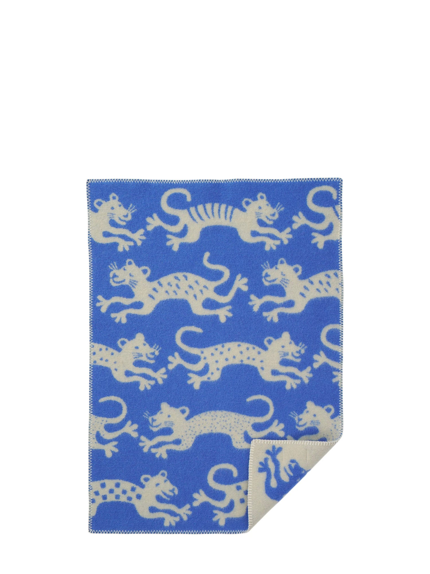 Blue towel with beige animal pattern on a white background