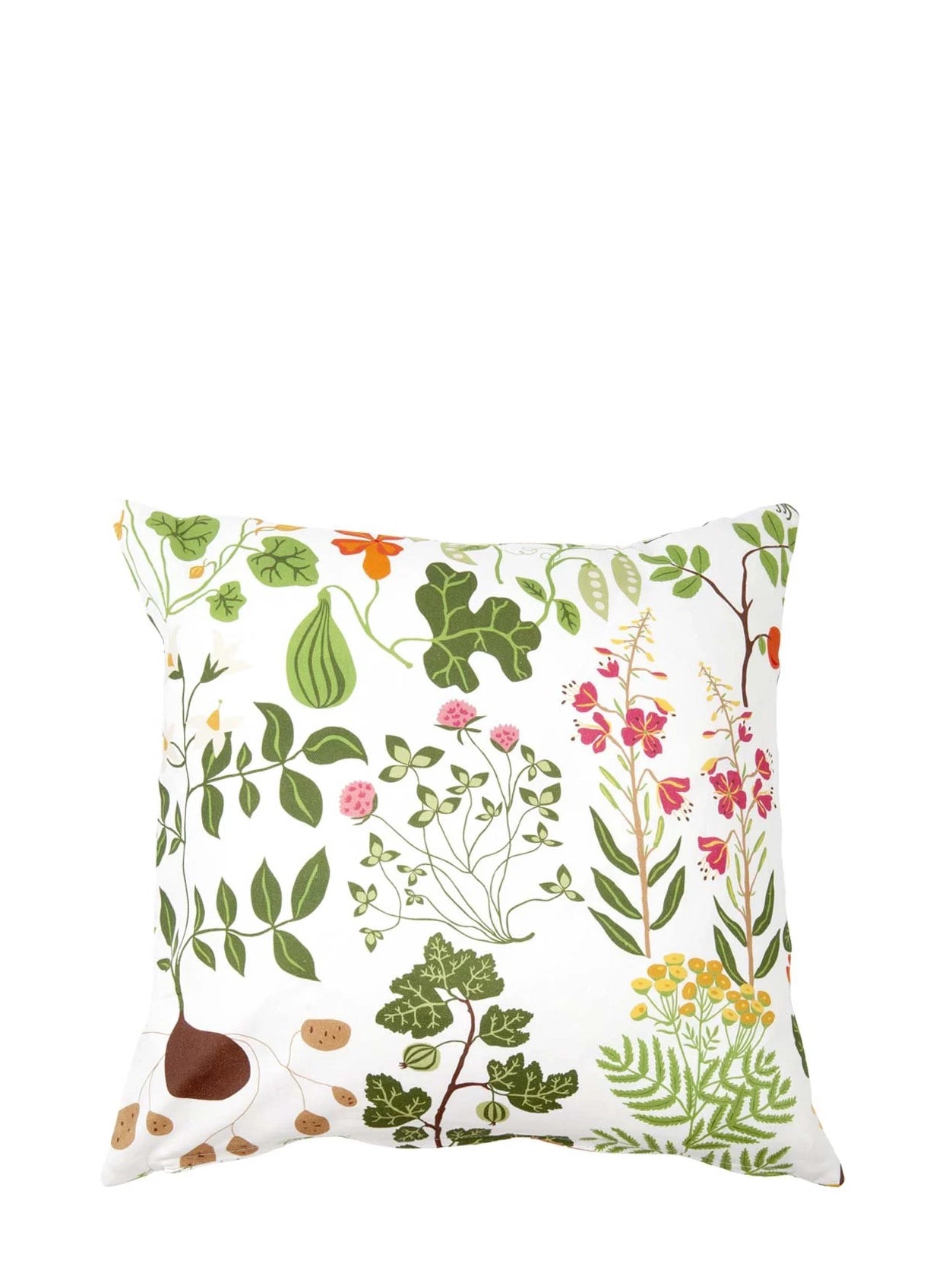 Decorative pillow with floral and leaf pattern on a white background