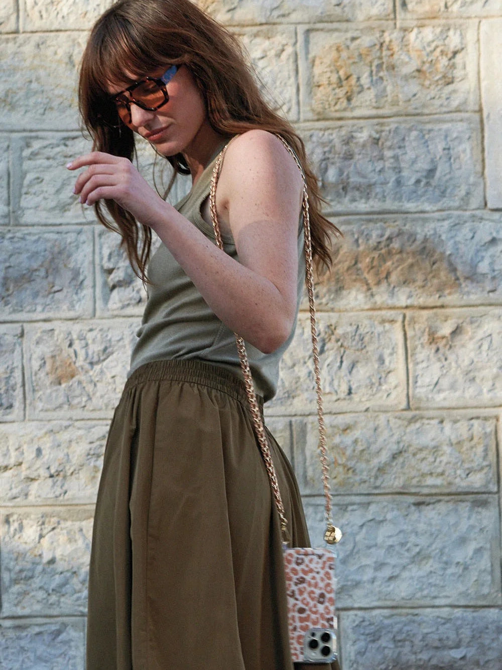 Lou crossbody phone strap, camel and gold metal