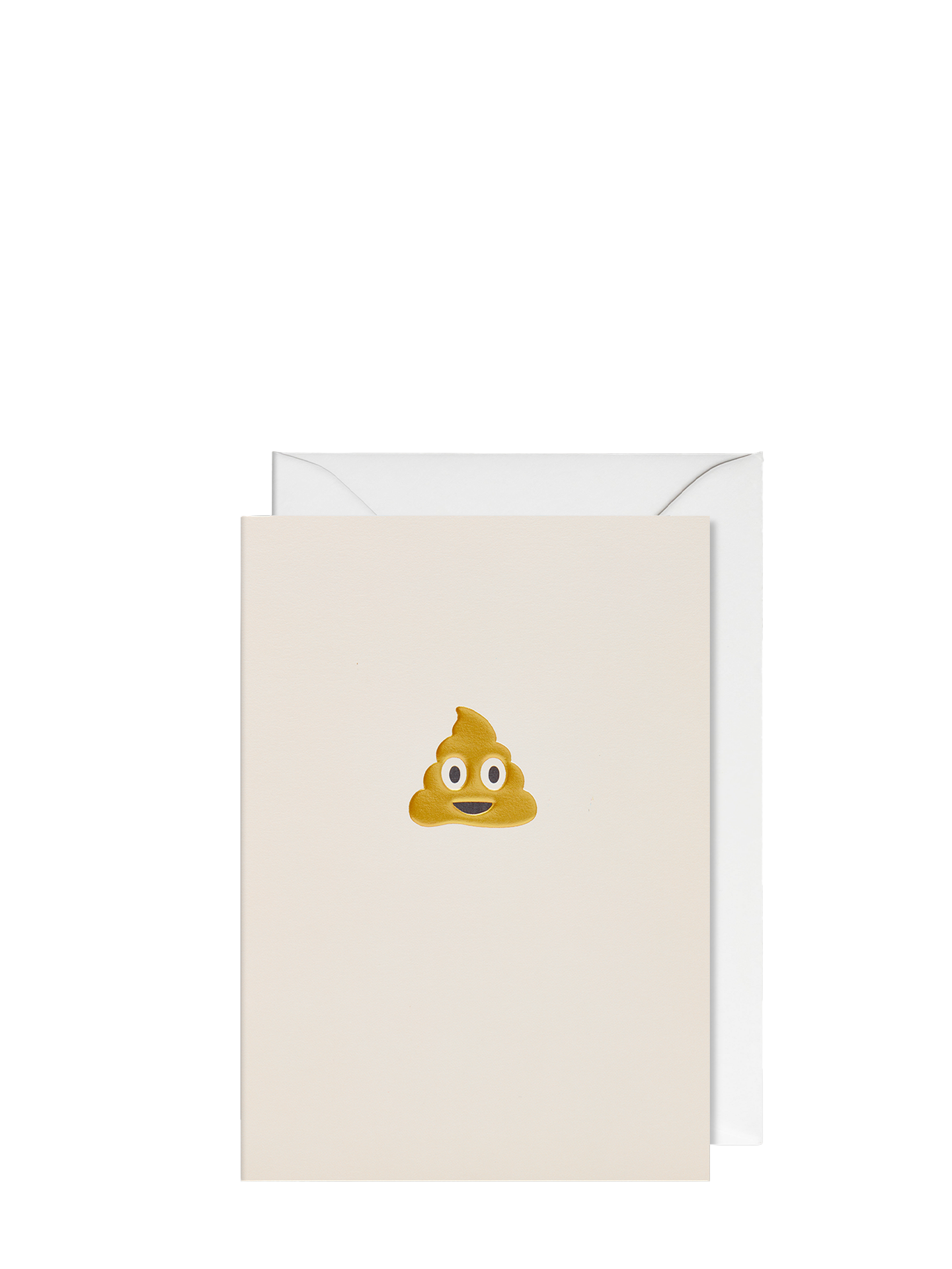 A greeting card with a illustration of a smiling poop emoji in the center. The card is white, and there is a matching envelope included.