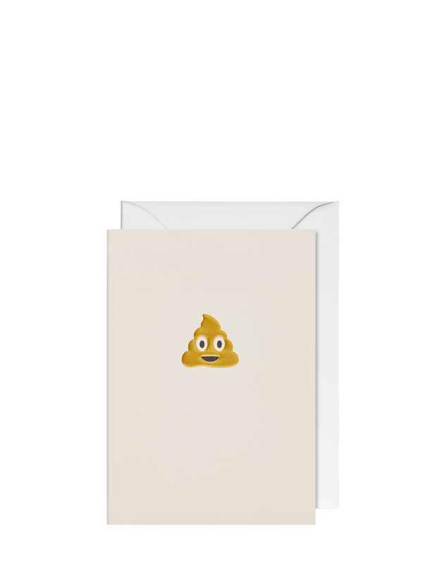 A greeting card with a illustration of a smiling poop emoji in the center. The card is white, and there is a matching envelope included.