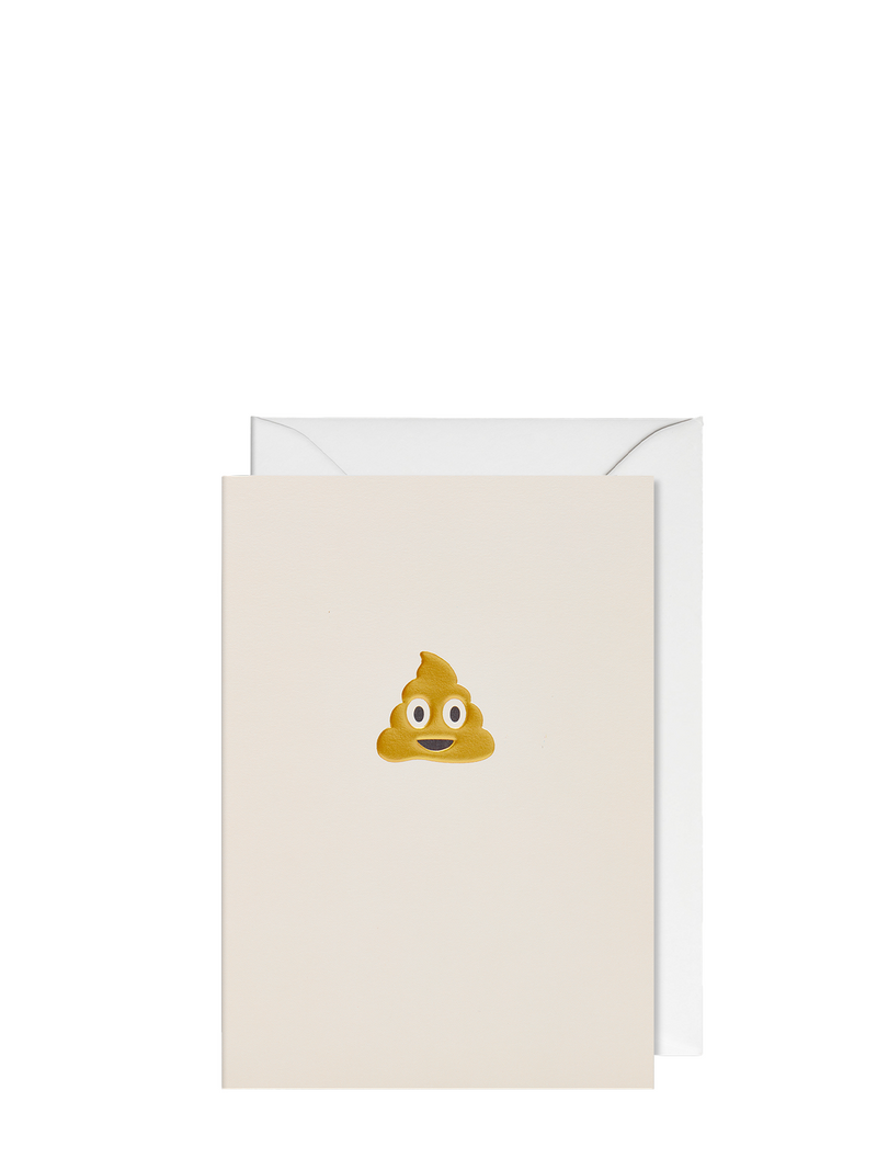 A greeting card with a illustration of a smiling poop emoji in the center. The card is white, and there is a matching envelope included.
