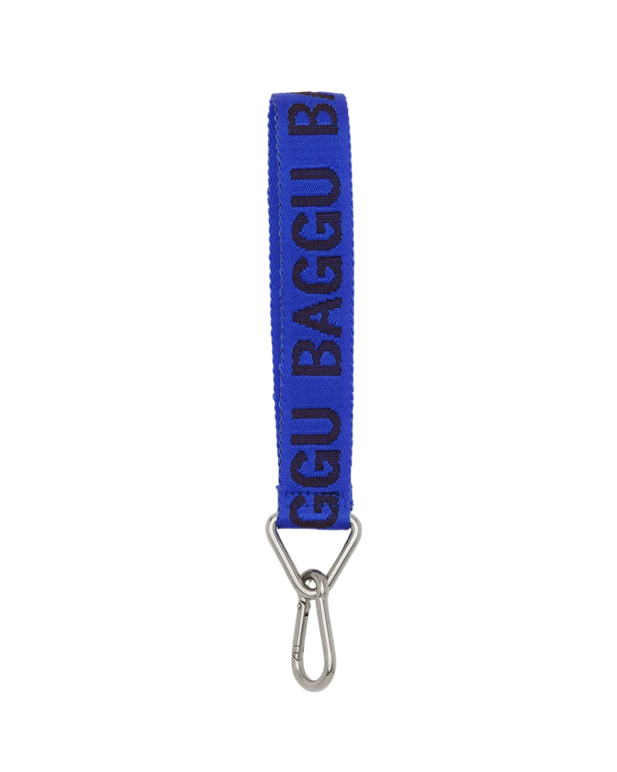 Blue baggu strap with metal clip on a white background