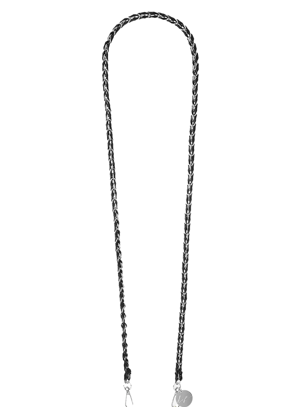 A black and silver metal phone strap with silver carabiners, ultra-resistant black silver resin, and a length of 120 cm.