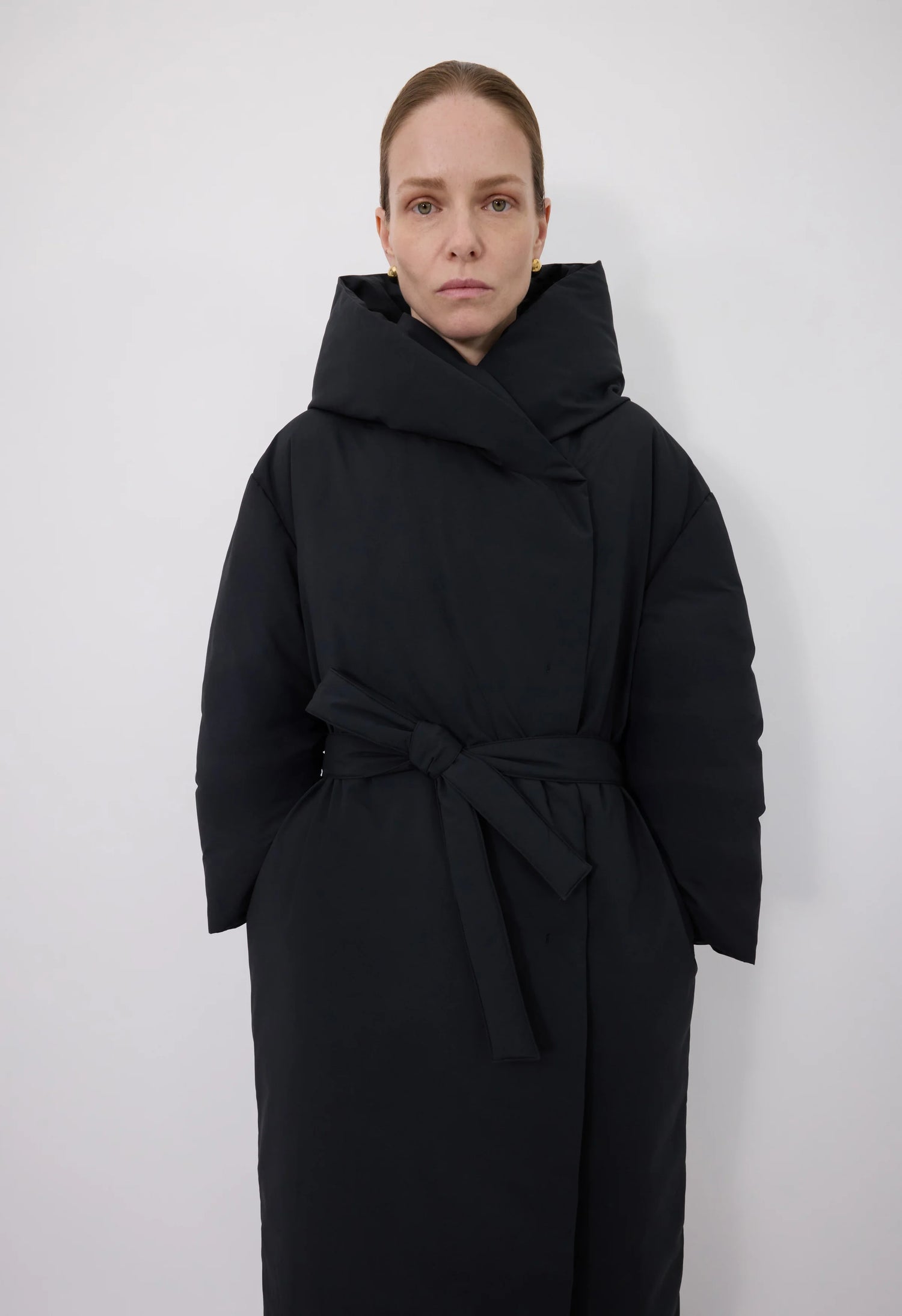 Doris long puffer jacket with hood and belt, black