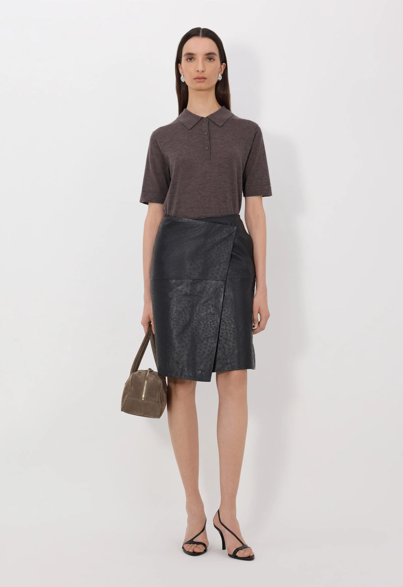 Gora ostrich-effect leather wrap skirt, black