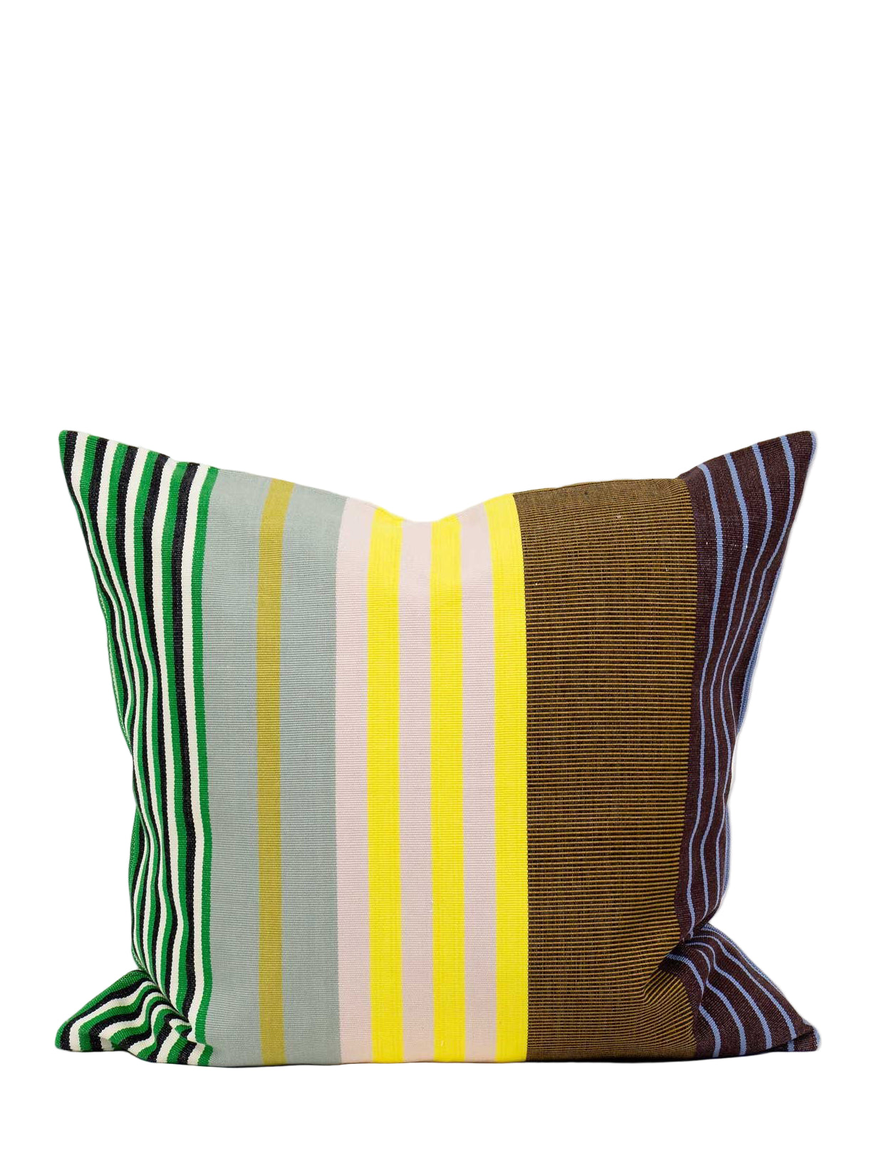 Striped pillow with green, yellow, brown, and purple colors on a white background