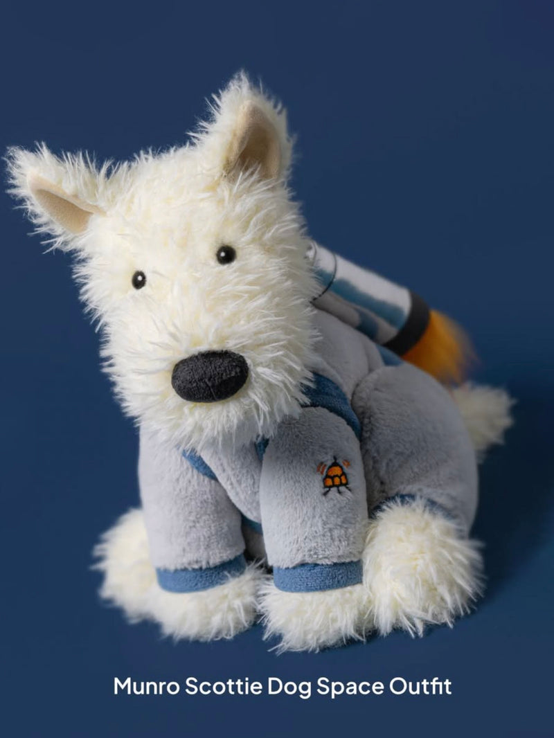 Plush toy dog in a space-themed outfit on a blue background