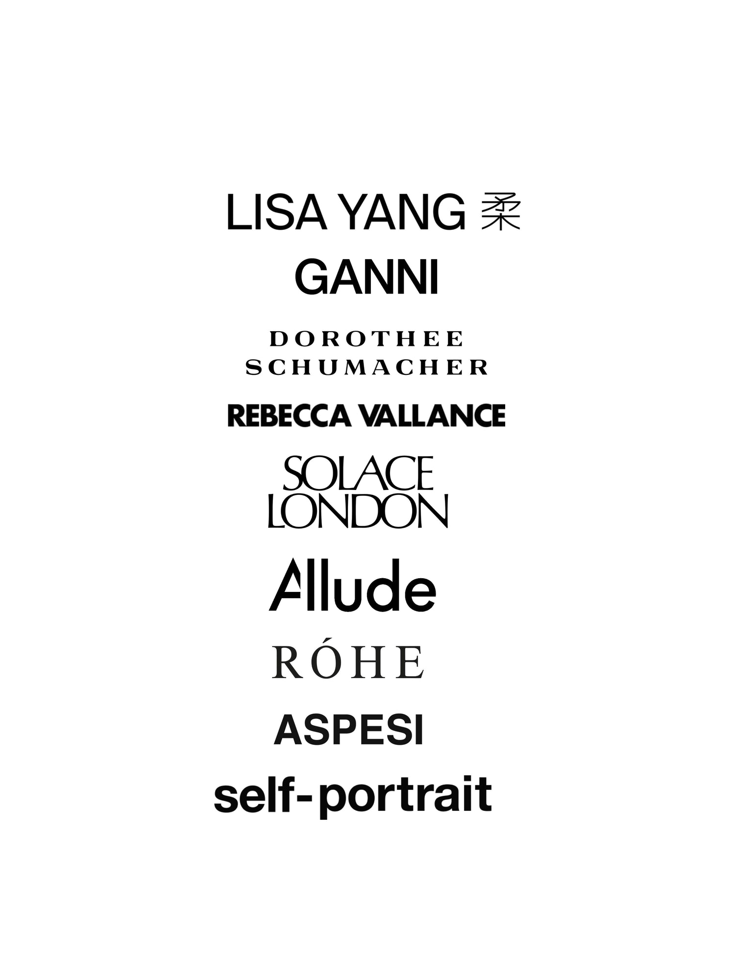 List of fashion brand names on a white background