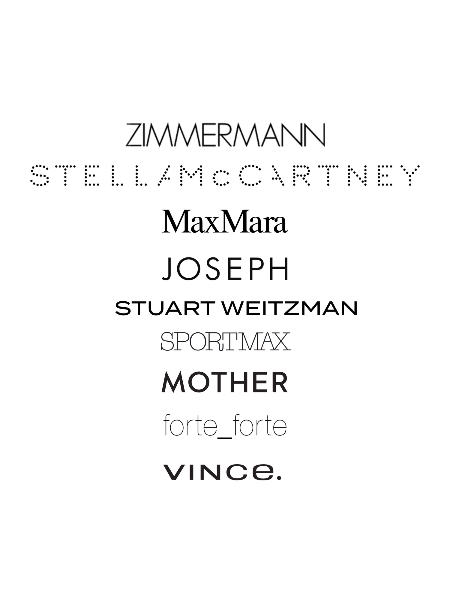 List of fashion brand names on a white background
