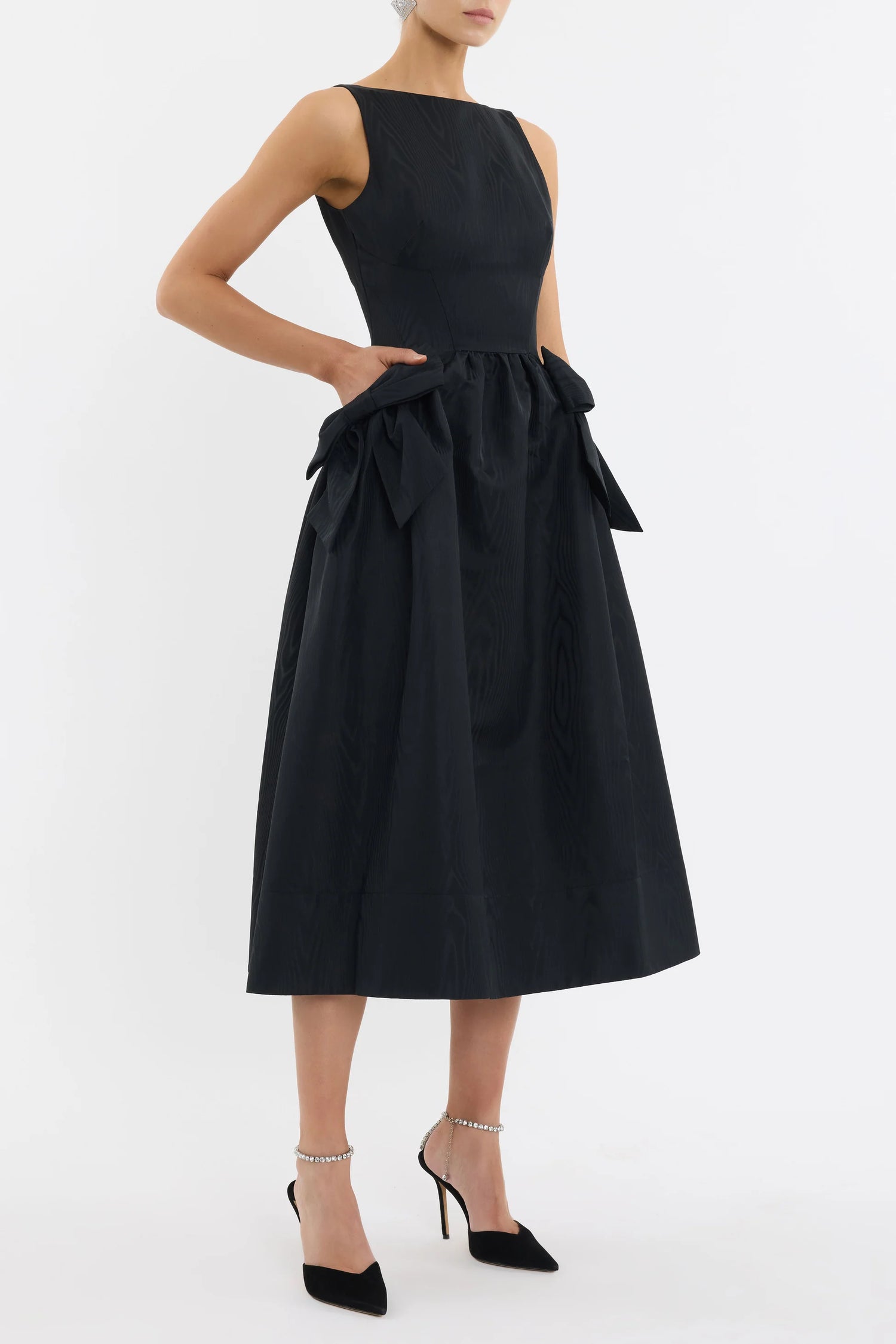 Narcissa bow pocket wood print midi dress, black