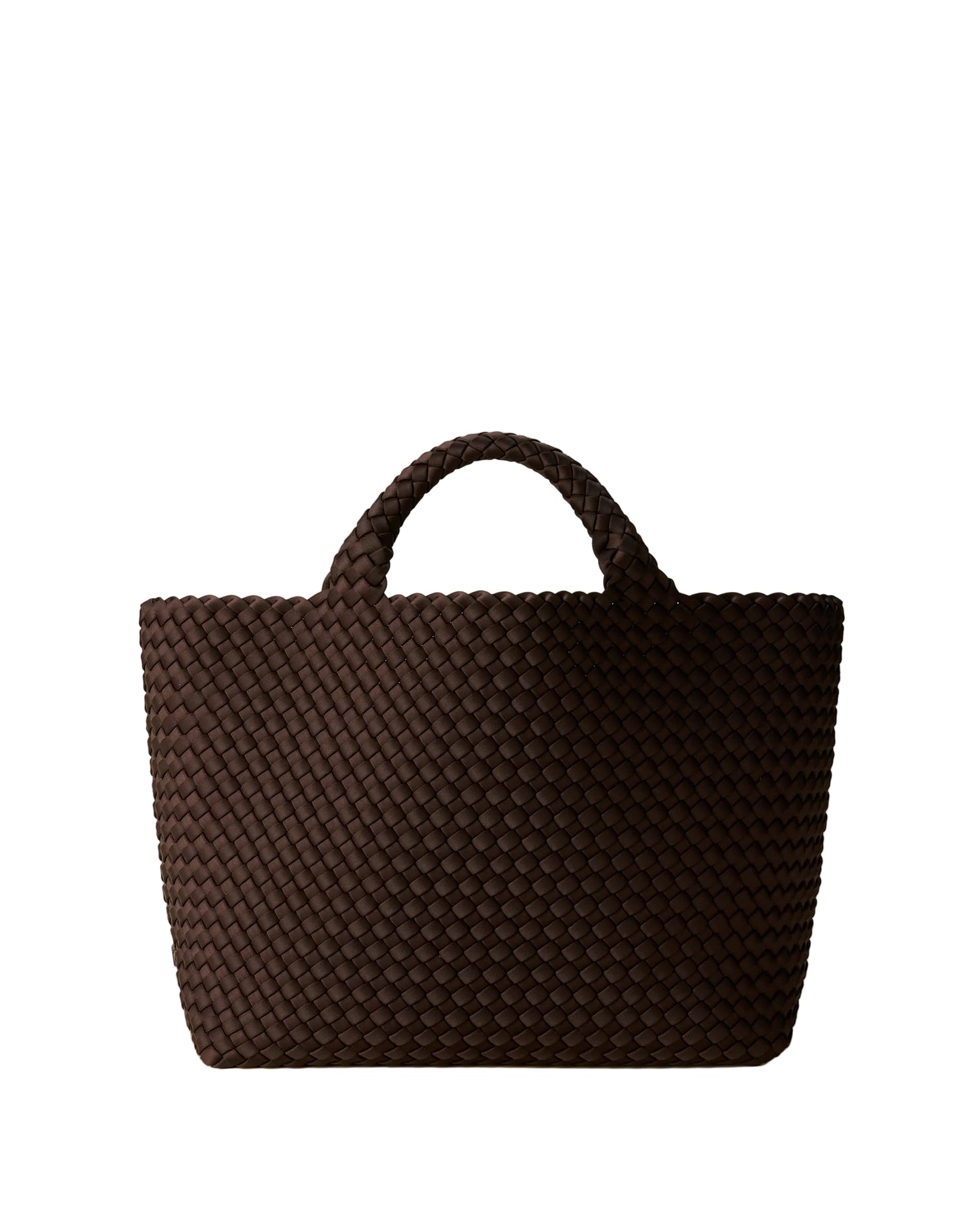 Brown woven handbag on a beige background
