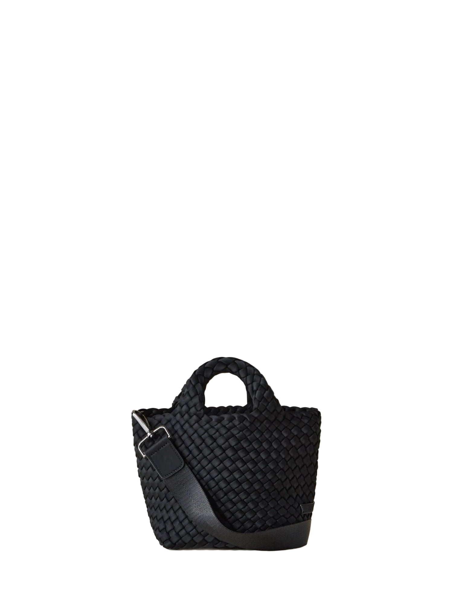 Women's black woven handbag on a white background