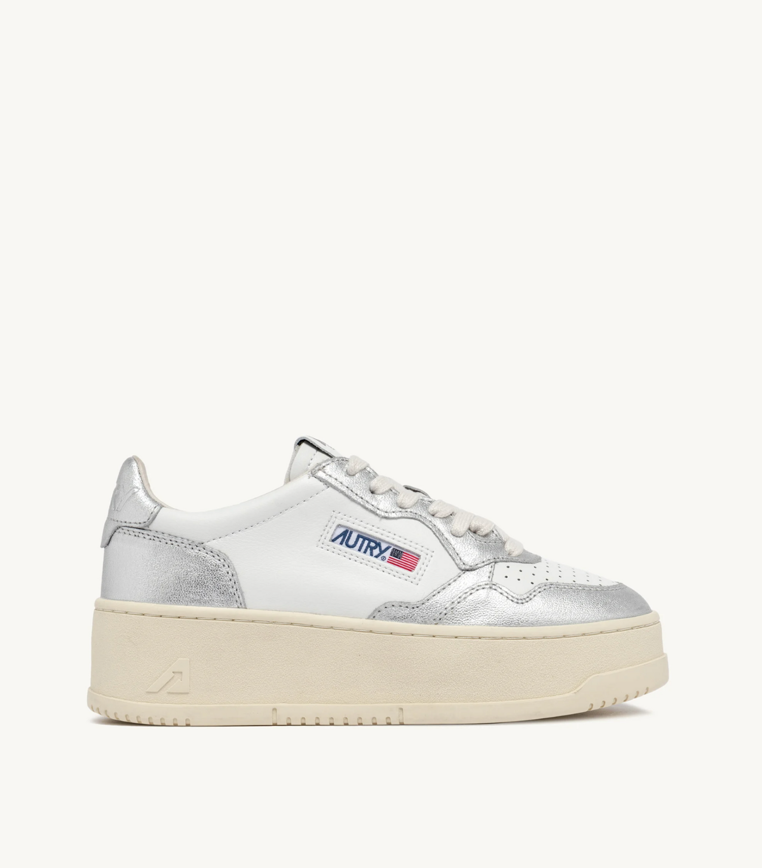 Medalist platform sneakers, leather white-silver