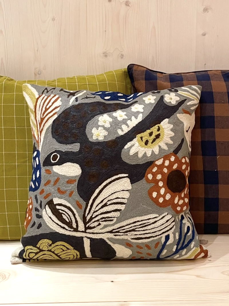 Kashmir bird embroidered cushion cover, multicolour (50x50cm)
