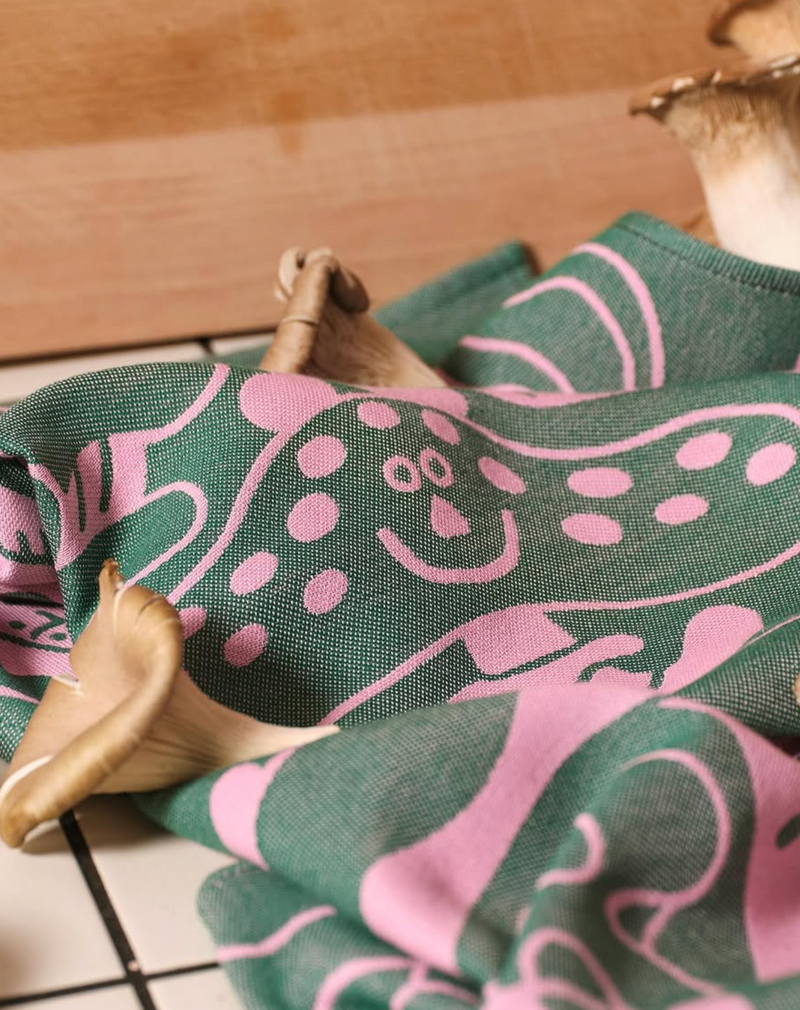 Mushrooms tea towel, pink and dark green