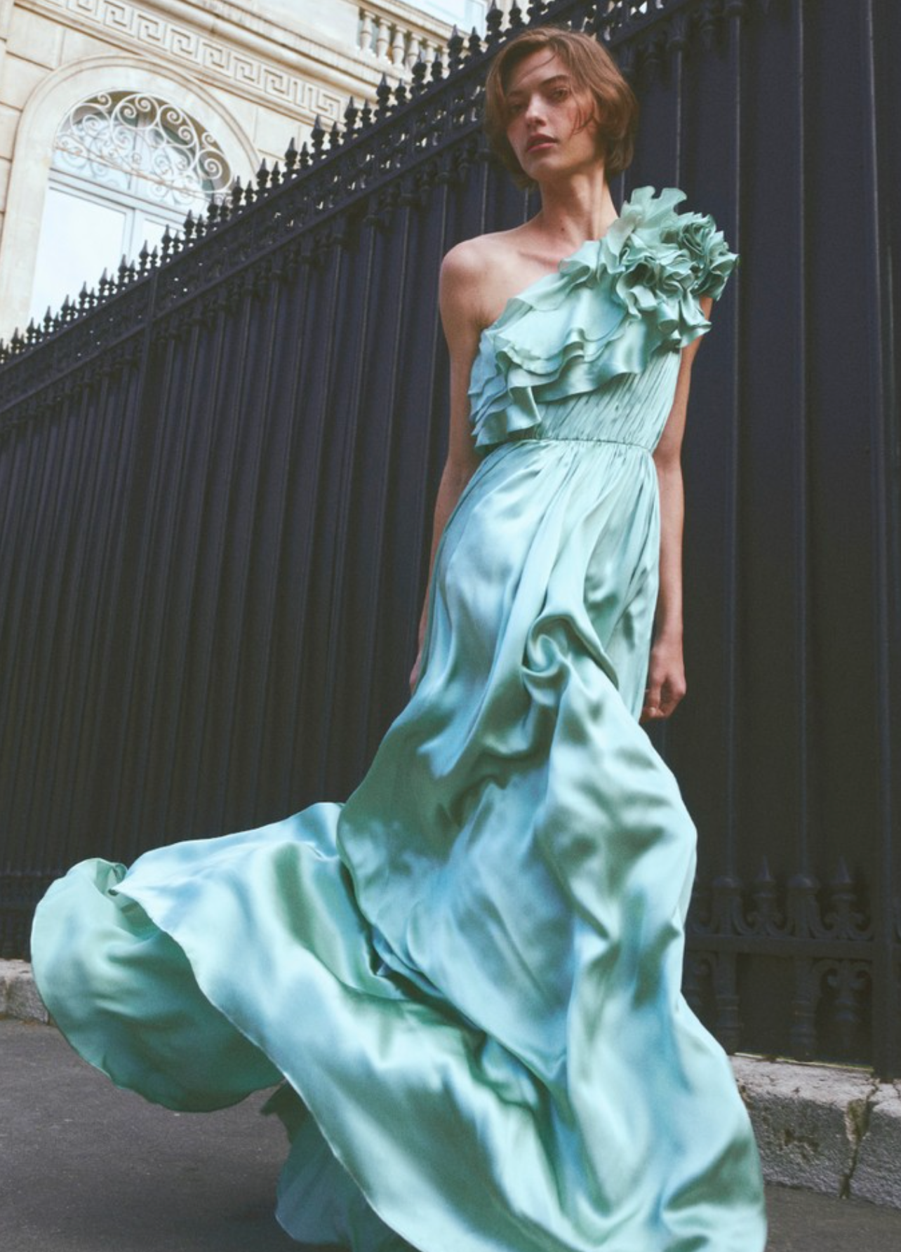Avalina ruffled silk one shouder gown, Celadon