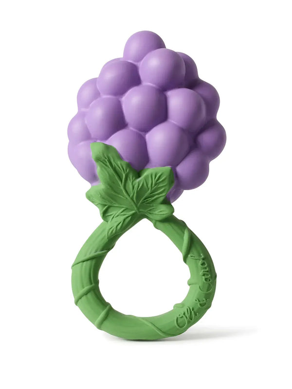A purple grape rattle toy designed as a teething toy with green leaf accents, made from natural rubber.
