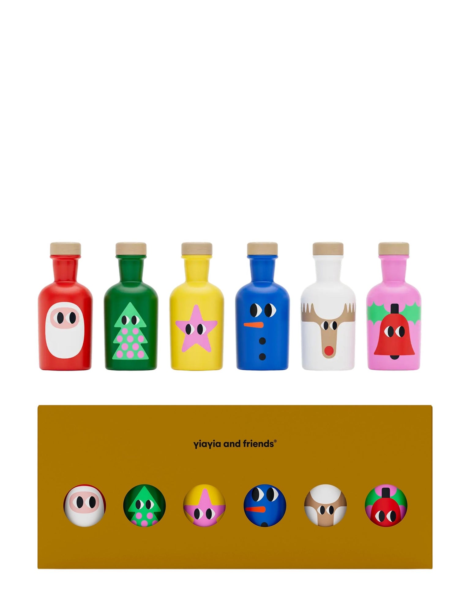 Set of colorful bottles with cartoon faces on a white background, featuring the brand 'Yayla and friends'.