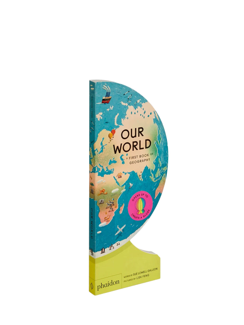 Book titled 'Our World' by Phaidon with a colorful world map design on a white background