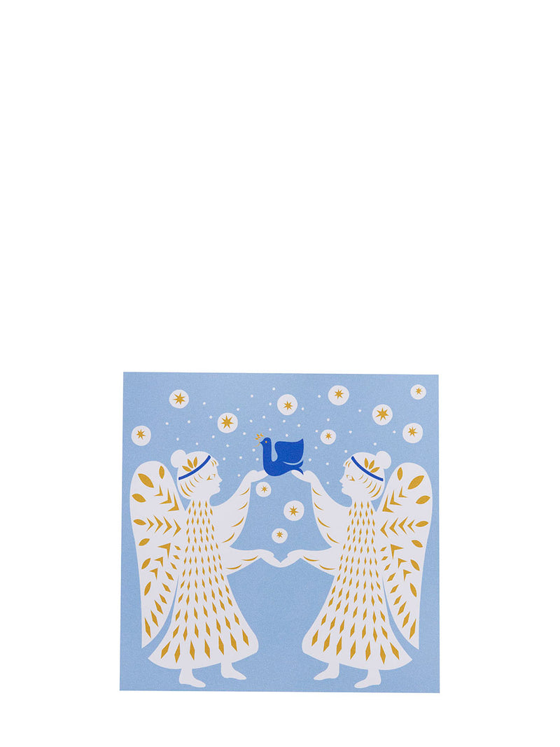 A square art print featuring a light blue background with two stylized white angel figures holding a small blue bird, surrounded by white flowers and gold leaf-like patterns.