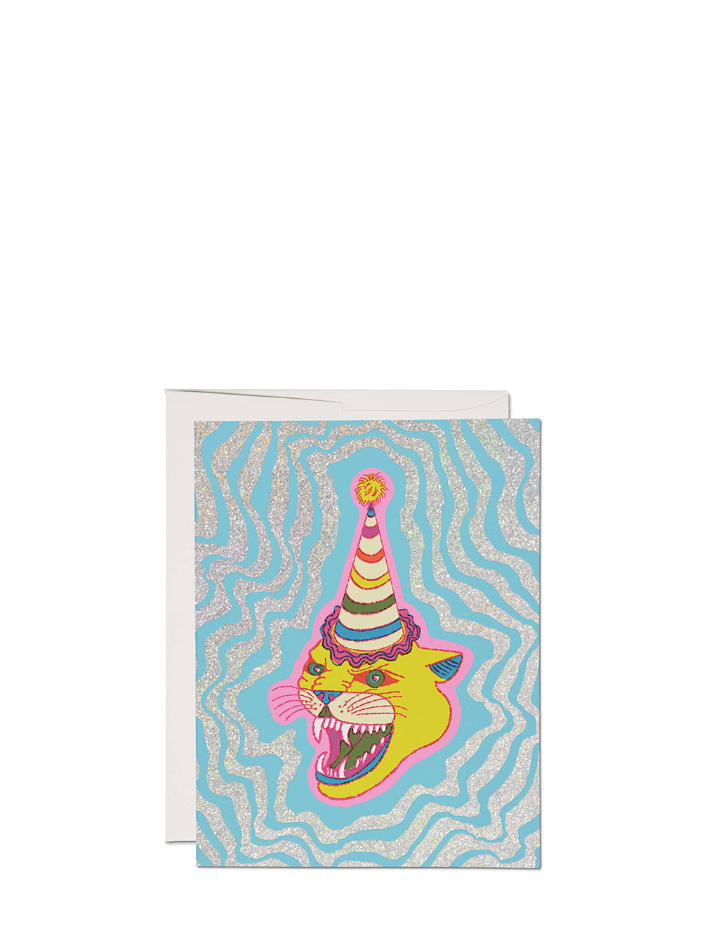 Greeting card with a colorful cat design wearing a party hat on a blue wavy background