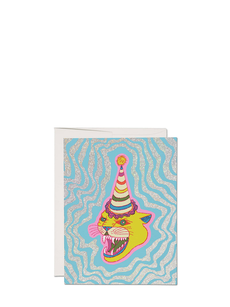 Greeting card with a colorful cat design wearing a party hat on a blue wavy background