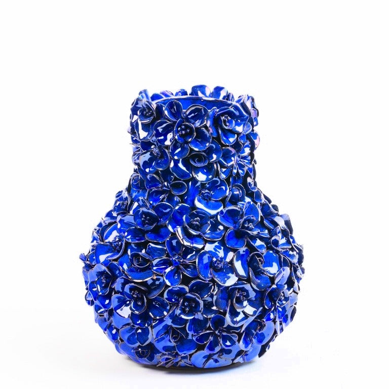 Vase deco with flowers, blue (h29cm)