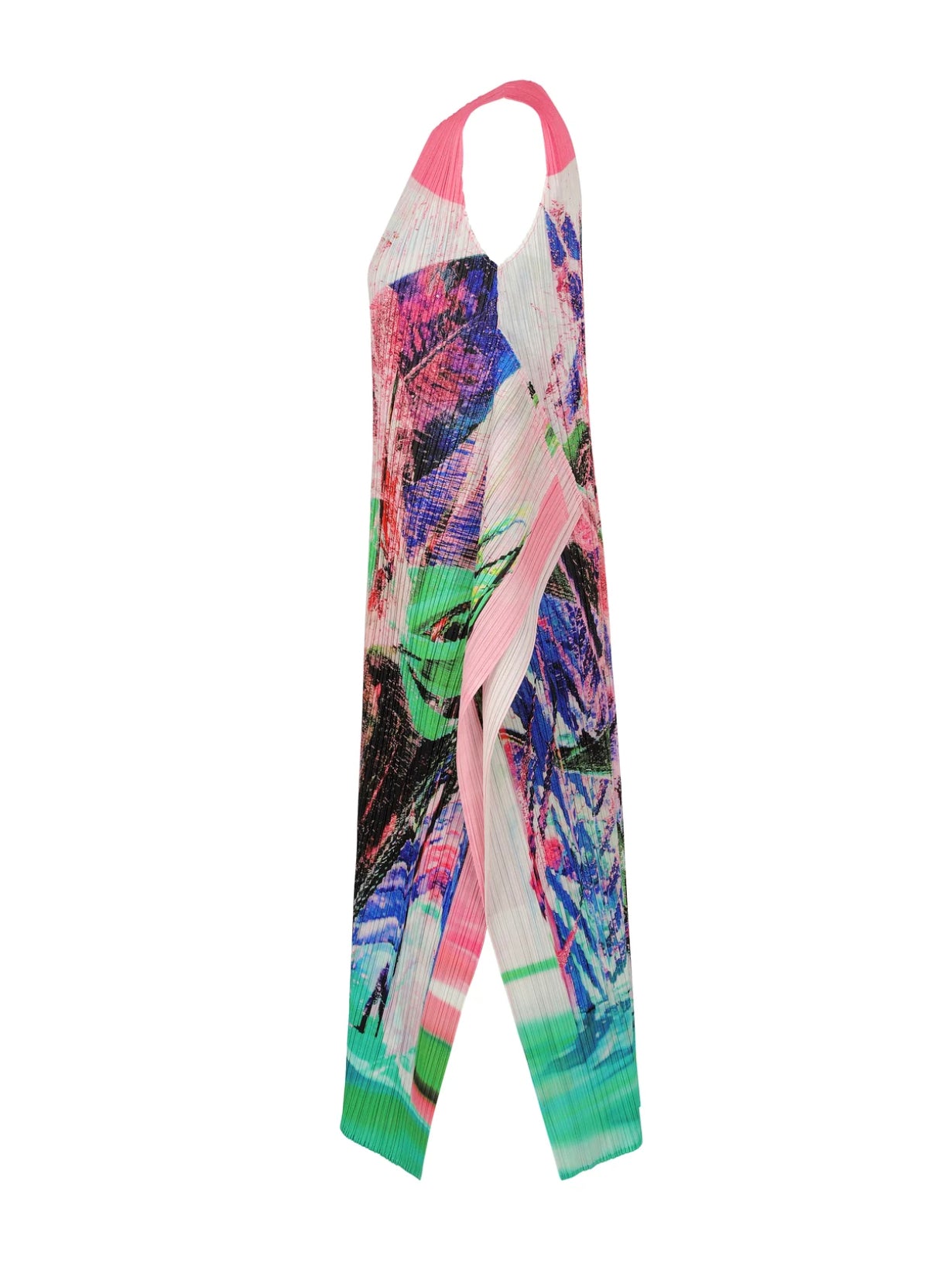 Pleated long dress, pink tropical winter print