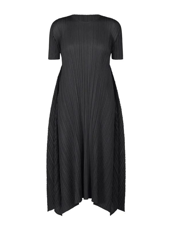 Pleated Short Sleeve Midi Dress, Black