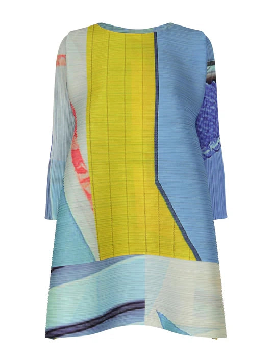 City collage print dress, blue-yellow