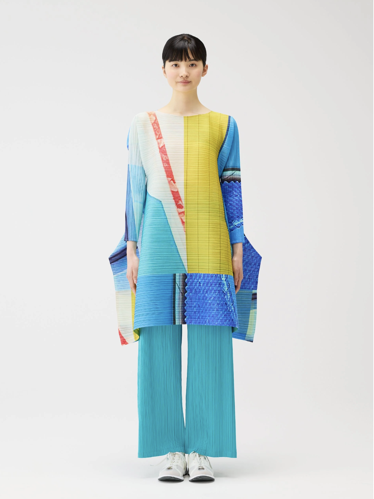 City collage print dress, blue-yellow