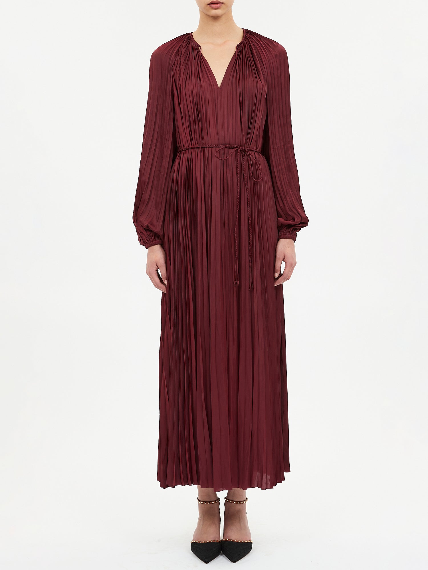 Alexia pleated long sleeve dress, burgundy