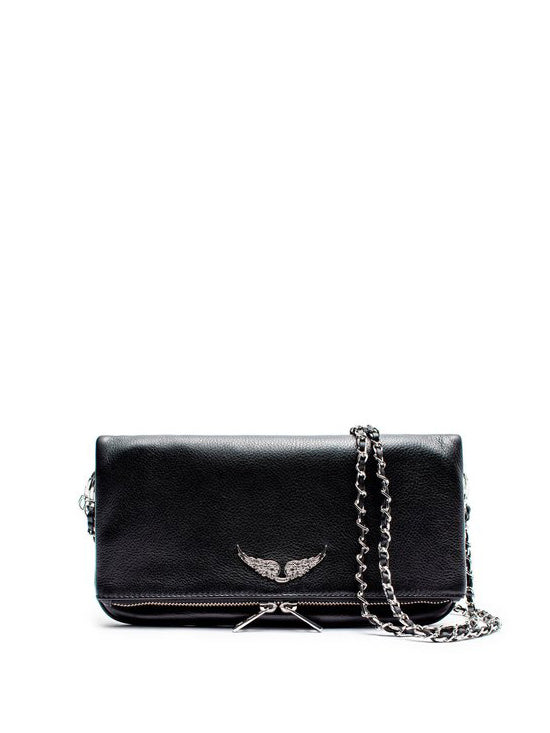 Rock grained leather bag, black-silver