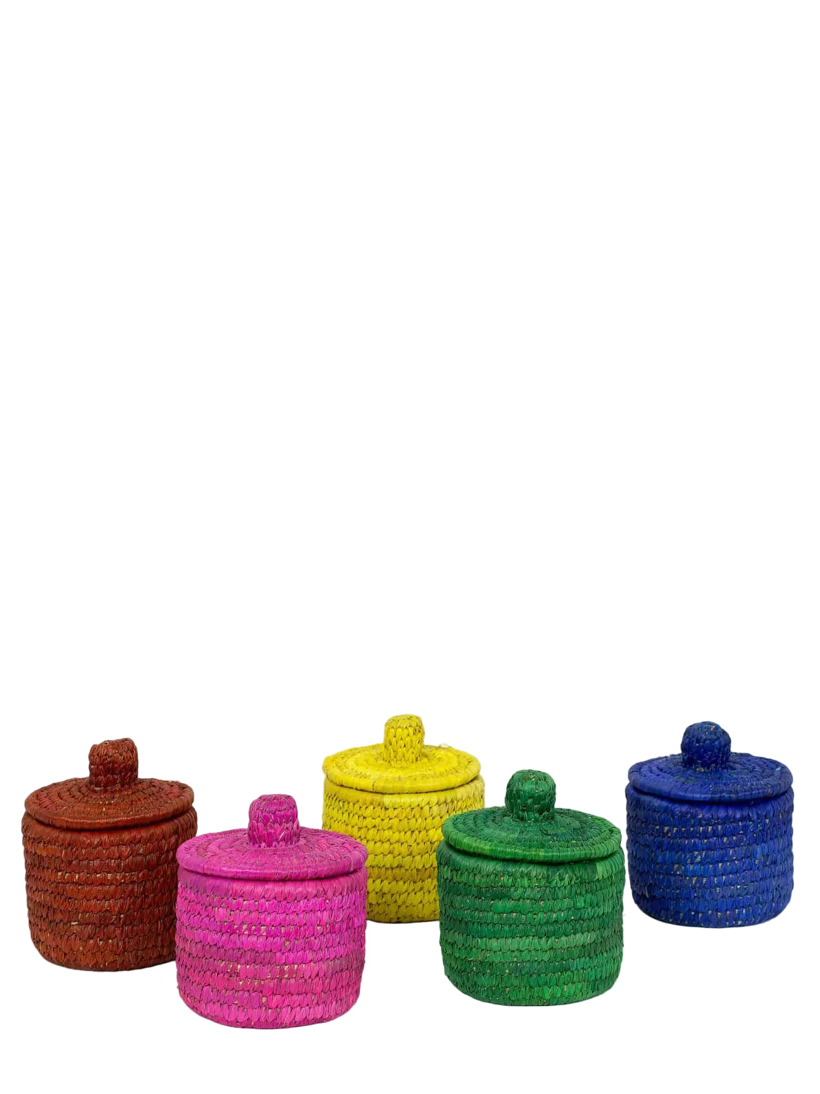 Set of colorful woven palm storage jars with lids on a white background