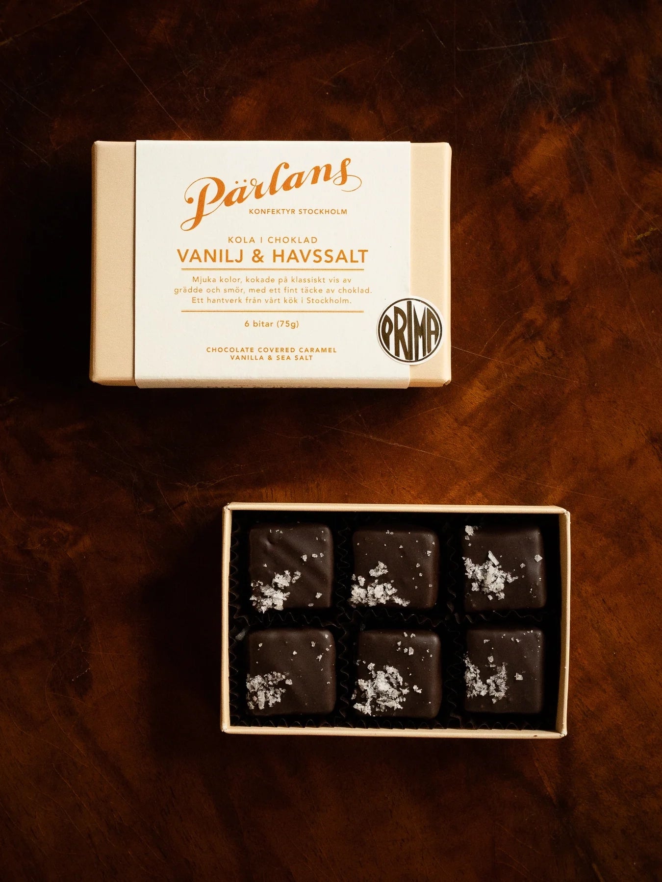 Vanilla & Sea Salt, chocolate covered caramels, box of 6 (75g)